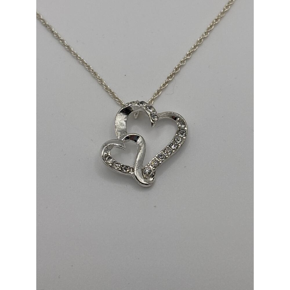 Silver toned cubic zirconia double heart necklace Valentines 18-21” adjustable